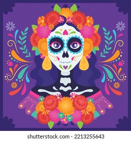 Afiche de la colorida dia de los muertos Chica con cráneo maquillada ilustración del vector