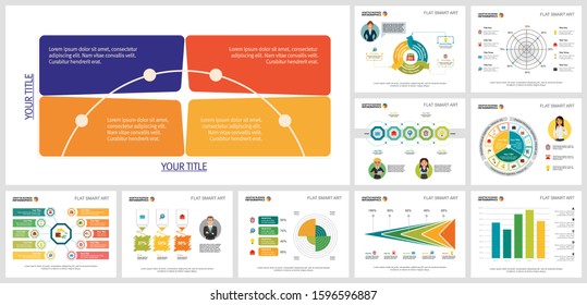 Colored diagram design set for work process layout, development report, slide, web. Business and organization concept with cycle diagram, bar, radial, flow, and percentage charts