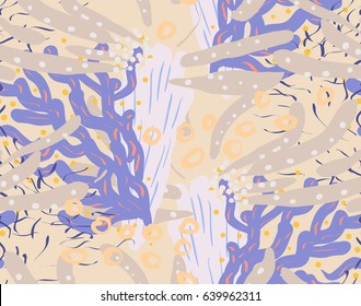 Colored with different brush strokes textures and dots floral underwater seaweed and corals. Abstract seamless pattern.