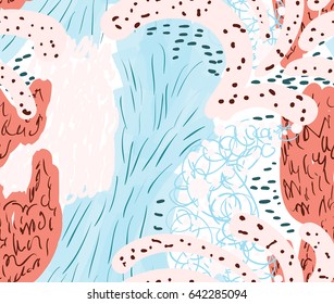 Colored with different brush strokes textures and dots.Abstract seamless pattern. Universal bright background for greeting cards, invitations. Had drawn ink and marker watercolor texture.