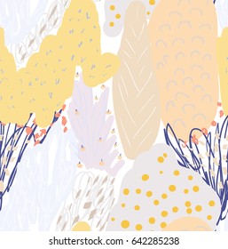 Colored with different brush strokes textures and dots floral trees and bushes.Abstract seamless pattern.Had drawn ink and marker watercolor texture.