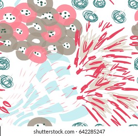 Colored with different brush strokes textures and dots floral spring flower bouquet.Abstract seamless pattern.. Had drawn ink and marker watercolor texture.