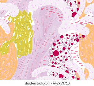 Colored with different brush strokes textures and dots.Abstract seamless pattern. Universal bright background for greeting cards, invitations. Had drawn ink and marker watercolor texture.