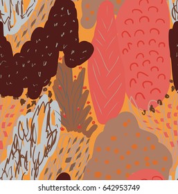 Colored with different brush strokes textures and dots floral trees and bushes.Abstract seamless pattern.Had drawn ink and marker watercolor texture.