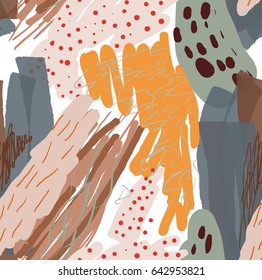 Colored with different brush strokes textures and dots.Abstract seamless pattern. Universal bright background for greeting cards, invitations. Had drawn ink and marker watercolor texture.