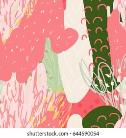 Colored with different brush strokes textures and dots floral trees and bushes.Abstract seamless pattern.Had drawn ink and marker watercolor texture.