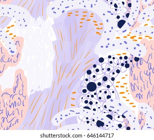 Colored with different brush strokes textures and dots.Abstract seamless pattern. Universal bright background for greeting cards, invitations. Had drawn ink and marker watercolor texture.
