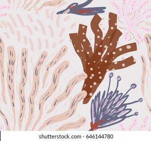 Colored with different brush strokes textures and dots floral underwater seaweed and corals.Abstract seamless pattern.Had drawn ink and marker watercolor texture.