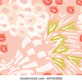 Colored with different brush strokes textures and dots floral spring flower bouquet.Abstract seamless pattern. Had drawn ink and marker watercolor texture.