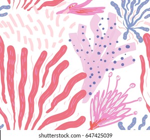 Colored with different brush strokes textures and dots floral underwater seaweed and corals.Abstract seamless pattern.Had drawn ink and marker watercolor texture.