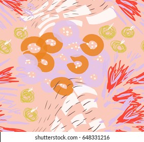 Colored with different brush strokes textures and dots floral spring flower bouquet.Abstract seamless pattern.. Had drawn ink and marker watercolor texture.