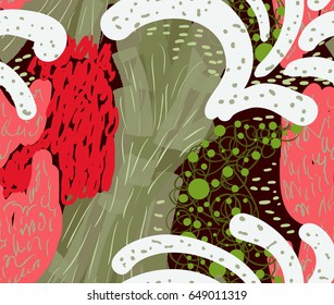 Colored with different brush strokes textures and dots.Abstract seamless pattern. Universal bright background for greeting cards, invitations. Had drawn ink and marker watercolor texture.