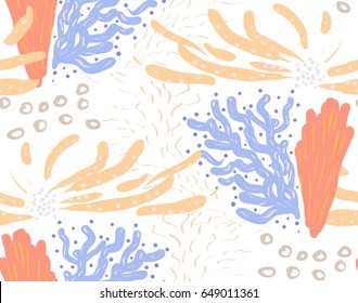 Colored with different brush strokes textures and dots floral underwater seaweed and corals.Abstract seamless pattern.  Had drawn ink and marker watercolor texture.