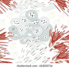 Colored with different brush strokes textures and dots floral spring flower bouquet.Abstract seamless pattern.. Had drawn ink and marker watercolor texture.