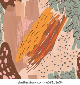 Colored with different brush strokes textures and dots.Abstract seamless pattern. Universal bright background for greeting cards, invitations. Had drawn ink and marker watercolor texture.