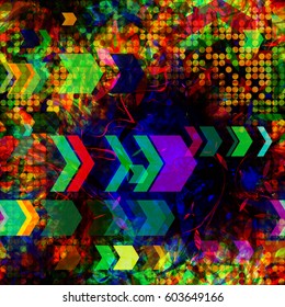 Colored digital pattern with dots, spots, organic elements, stripes and arrows