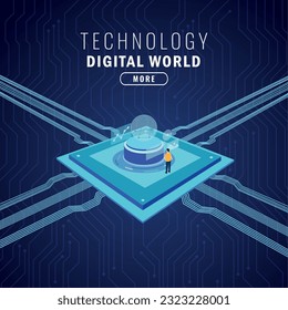 Colored digital world concept poster Person next to a chip Vector