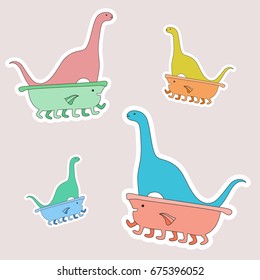 Colored dinosaur in the bathtub (looking like fish) on the little legs. Funny happy dinosaur has a trip by the bath. Creative vector flat stickers. You can stick it on your laptop.