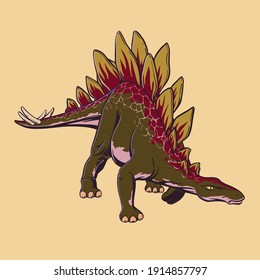 Colored dinosaur Stegosaurus drawn in cartoon style. Attacking predator in pop art style. 