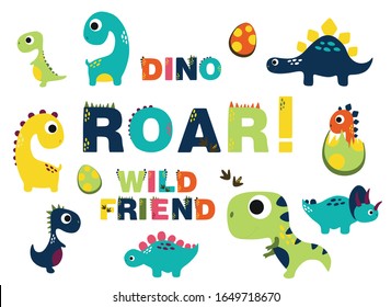 colored dinosaurs, inscription wild friends. Vector funny lettering quote with dino icon, scandinavian hand drawn illustration for greeting card, t shirt, print, stickers, posters design.