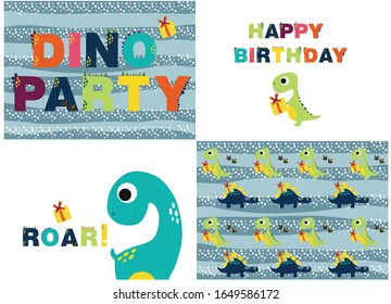 colored dinosaurs, set with birthday greetings cards, vector illustration with dinosaurs