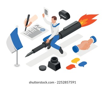 Diplomacia coloreada y diplomacia composición isométrica situación abstracta un hombre con traje y corbata está volando sobre la pluma de cohetes y atributos ilustración vectorial