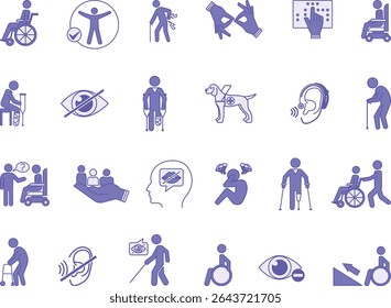 Colored Disability Icon Set. Vector Illustrations Wheelchair, Crutches, Blindness, Deafness, Sign Language, Inclusion, Speech Impairment, Mental Illness, Ramp, Hearing Aid, and More