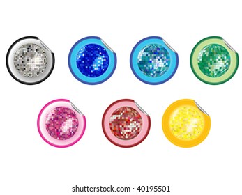 colored disco ball stickers collection, vector art illustration