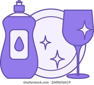 Colored Dish Soap Icon. Vector Illustration. Detergent, Plate, and Glass. Kitchen, Wash Dishes. Grocery Concept