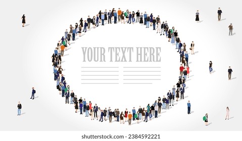 Colored diverse people crowd in the shape of a society circle. Men and women, black and white. Diverse people group silhouette. Flat vector illustration isolated on background.