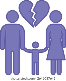 Colored Divorce Icon. Vector Illustration. Official Termination Of Marriage Between Spouses. Woman, Man, Child, And Broken Heart. Concept Psychology