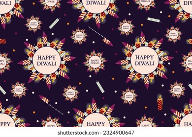 Colored Diwali seamless pattern with firecracker. Main Indian and Hindu holiday endless ornament. Vector illustration. Wallpaper and bed linen print with сandles, firecrackers.