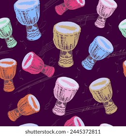 Djembes de colores y notas musicales sobre un fondo oscuro. Patrón sin costuras. Ilustración vectorial con temática musical. Perfecto para Fondo de pantalla, tela y papel de embalaje.