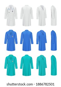 Colored Doctor Coats. Professional Fashioned Uniform For Medical Specialists Workwear Jacket Nurse Decent Vector Illustrations