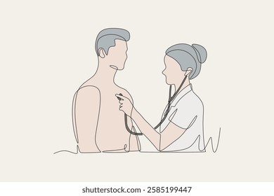 Colored doctor listens to patient's heartbeat. Listening to a chest concept one-line drawing