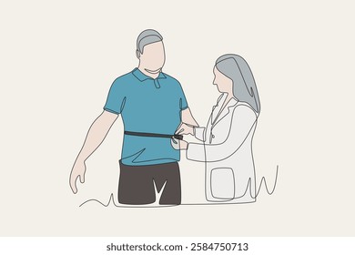 Colored the doctor measures the width of the father's body. Measuring a patient's height weight waist concept one-line drawing