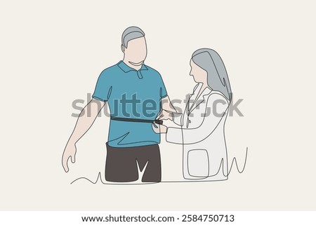 Colored the doctor measures the width of the father's body. Measuring a patient's height weight waist concept one-line drawing