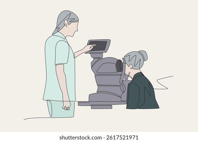 Colored doctors use ID-FROM to patients. AI-powered health tools concept one-line drawing