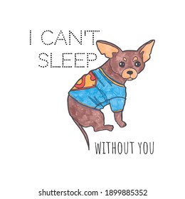Colored dog, in costume, vector file, no background, cover, gift. 
Pet dressed in dress, in sweatshirt, in clothes. 
Drawing on clothing and T-shirts, Printed on bag, Greeting card