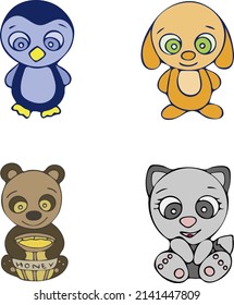 Colored Dog, Penguin, Cat and Bear Doodle Illustration. Animals and Bird on White Background.