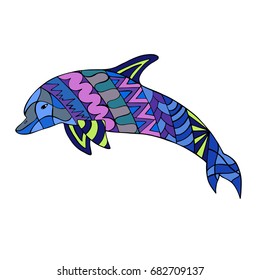 Colored Dolphin. Zentangle dolphin with abstract pattern for postcard, t-shirt, poster and print. Vector illustration.