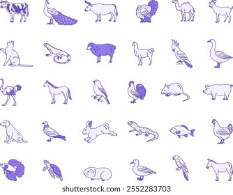 Colored Domestic Animals Icons. Vector Illustrations Cow, Peacock, Bull, Turkey, Camel, Goat, Cat, Iguana, Sheep, Llama, Parrot, Goose, Ostrich, Horse, Rabbit, Mouse, Pig and Others