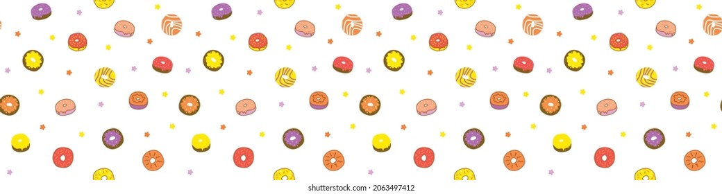 colored donuts pattern. on a white background.Seamless pattern with colorful sweet donuts.Donuts in flat style. Template for print ,background, postcard, cases, poster. Sweet dessert seamless pattern.