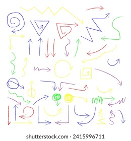 Flechas y líneas de doodle de colores. Puntos de línea recta o rizada en una dirección particular. Ilustraciones aisladas de color