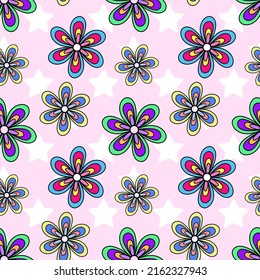 Colored doodle daisy in 1970 vibe style. Groovy hippie aesthetics. Vector illustration isolated on white background