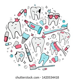 Colored doodle dental and orthodontic vector set: implant, healthy tooth in the crown, toothbrushes, toothpaste, mouthwash, medicinal ampoule, tablets and chewing gums. Vector illustration