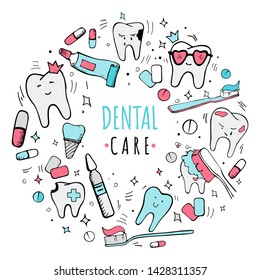 Colored doodle dental and orthodontic vector set: implant, healthy tooth in the crown, toothbrushes, toothpaste, mouthwash, medicinal ampoule, tablets and chewing gums. Lettering Dental Care