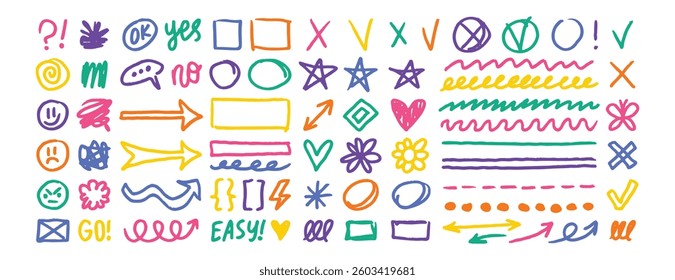 colored doodle design elements, charcoal hand drawn pencil drawn marks and elements. drawing thin texture frames, stars, lines. Vector illustration
