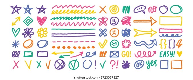 elementos de design de doodle colorido, desenhado à mão a carvão lápis desenhado marcas e elementos. desenhando quadros de textura fina, estrelas, linhas. Ilustração vetorial