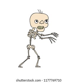 Colored doodle drawing of skeleton character walking with arms raised like zombie. Big head, few hairs on top. Illness, vitamin deficiency concept. Isolated on white background.